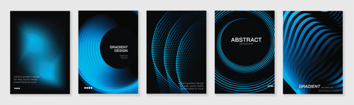 Blue gradient abstract vector poster templates set. Futuristic neon geometric backgrounds with glowing lines, dots and modern technology design