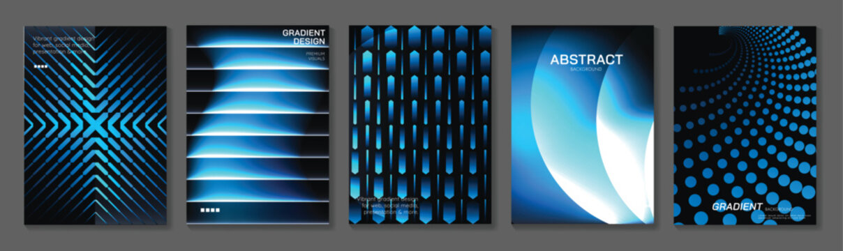 Blue gradient abstract vector poster templates set. Futuristic neon geometric backgrounds with glowing lines, dots and modern technology design