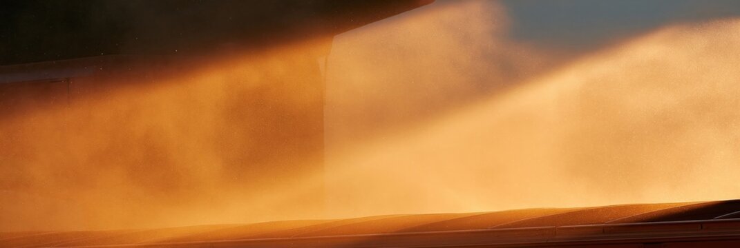 Golden dust suspended in sunbeam through industrial space
