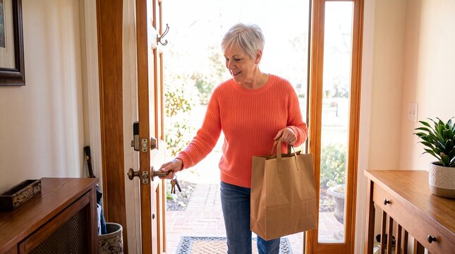 senior independence shopping home keys progress achievement milestone woman confidence showing an older woman unlocking her front door while carrying a grocery bag for life milestone campaigns