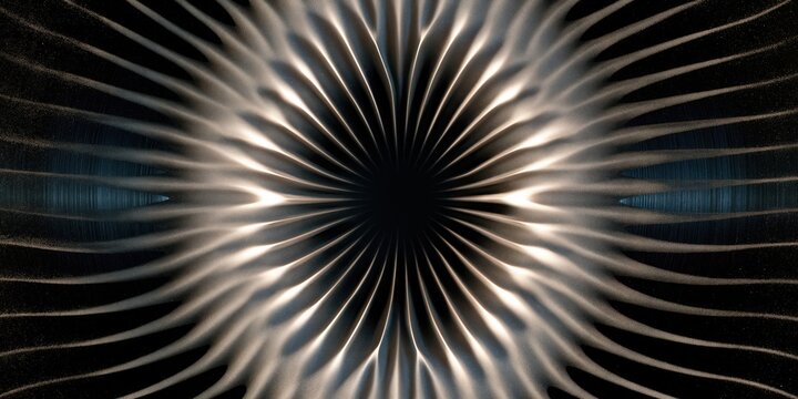 Abstract composition with radiating golden lines and dark background