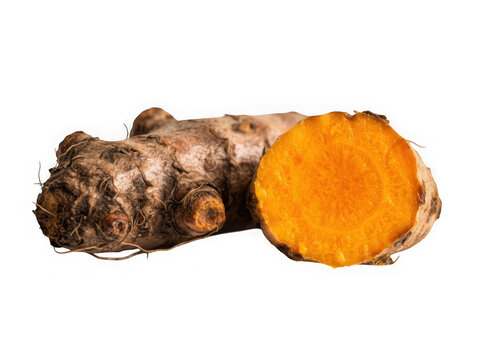 Fresh organic turmeric root slice on white background