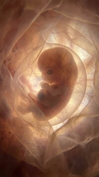 Preborn being evolution: embryo develop, fetus mature, internal womb, uterine cavity, amniotic fluid, umbilical cord, placenta nourish, cell divide, rapid growth, biological process, prenatal stage.