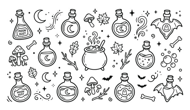 Hand drawn doodle set of magic potions and witch cauldrons with mushrooms and moon symbols for halloween and fantasy themes in a simple black and white line art style
