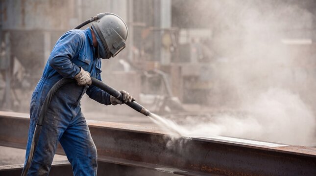 Industrial worker sandblasting metal surface with protective equipment on site