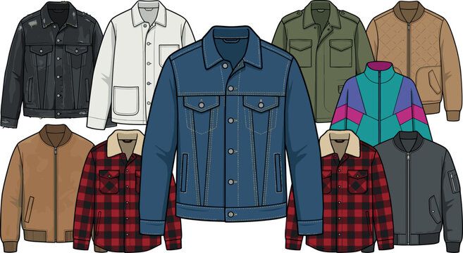 Set of various mens casual jackets including denim, bomber, flannel, and windbreaker styles