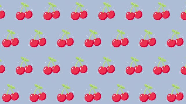 Cute red cherry fruit seamless loop pattern on soft blue background