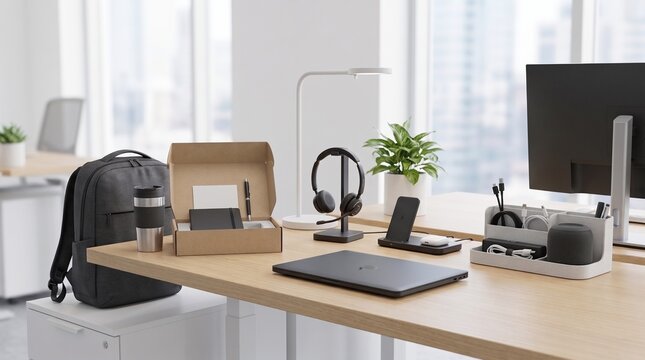 Prepared modern office desk with laptop headset backpack charging accessories and welcome kit for new employee onboarding and workplace setup