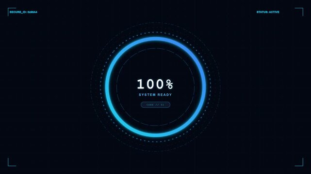 Futuristic HUD circular loading animation with glowing cyan progress bar and percentage in 4K