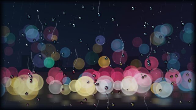 Raindrops Dripping on Window Glass Blurred Night City Bokeh Vector Animation Loop