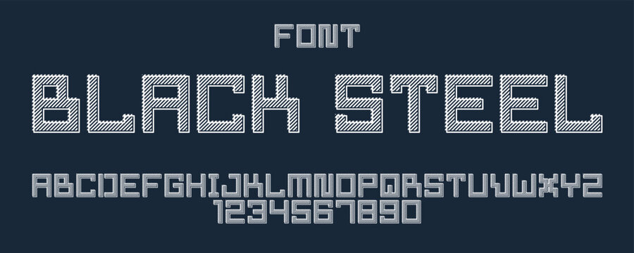 Minimal geometric cyberpunk font, vector typeface in geometry minimalist square style, future technology simple urban Neonoire typography, alphabet letters and numbers pixel style.