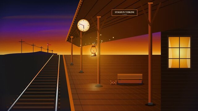 Vintage Wooden Train Station Platform at Dusk with Lantern Vector Animation Loop