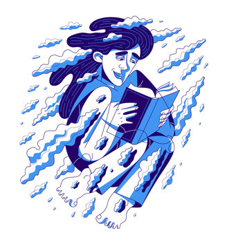 Dreaming through reading, person floating in imagination, escaping reality into fictional worlds, deep immersion in books and storytelling.