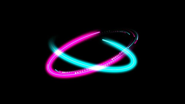 Vibrant pink and neon blue light trails orbit in a seamless loop on black background creating dynamic abstract futuristic particle motion.