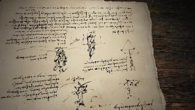 Leonardo da Vinci's Parachute Sketch Drawing Animation, Wide Shot on Aged Paper