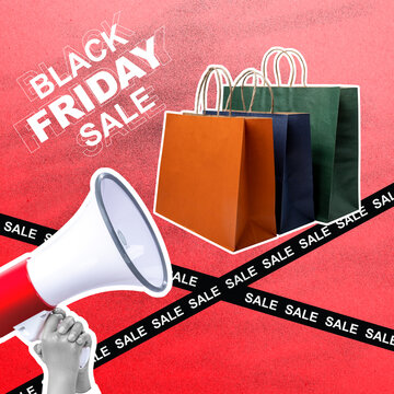 Promotional graphic for Black Friday sale featuring a hand holding a megaphone, colorful shopping bags, and sale caution tape over a red textured background. Concept of Black Friday
