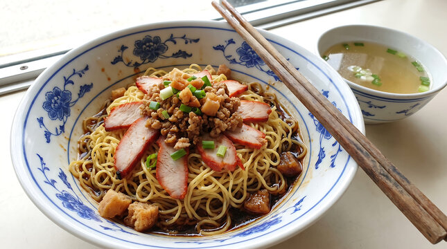 Classic Dry Tossed Kolo Mee Noodles Topped with Char Siu Pork Slices Minced Meat and Spring Onions Close Up Food Photography
