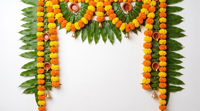 A vibrant and colorful indian floral garland traditionally used for festive decorations and religious ceremonies showcasing cultural richness