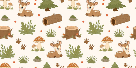 Obraz premium Cute woodland doodles and autumn seamless pattern for nursery prints, wrapping papers, backgrounds, stationery, wallpapers, textile, etc. EPS 10