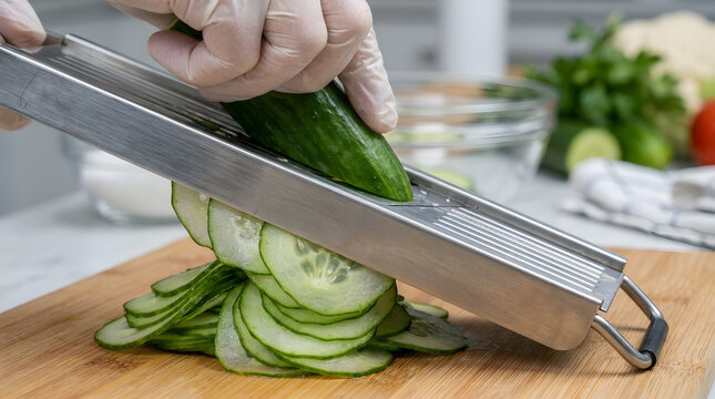Close-up of a professional chef using a stainless steel mandoline slicer to cut fresh green cucumbers into thin uniform rounds on a bamboo cutting board, focused food preparation in a bright kitchen