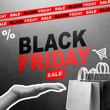Collage-style Black Friday sale banner featuring a hand, shopping bags, textured text, and red warning tapes over a dark concrete background. Concept of Black Friday