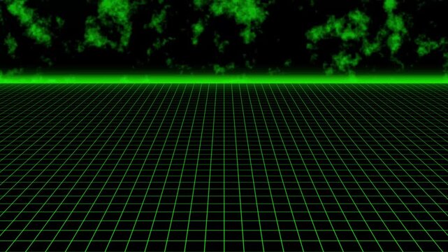 Neon grid landscape animation extends toward a glowing green horizon. Futuristic cyberspace perspective terrain moves on the grid landscape. Retro 80s synthwave visual effects fill the grid landscape.