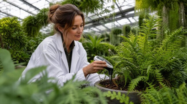 Female botanist testing plant soil health in a modern greenhouse