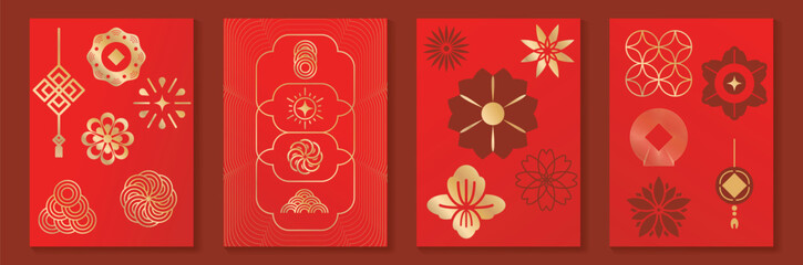 Obraz na płótnie Canvas Chinese New Year vector ornament collection. Red and gold traditional Asian geometric symbols, floral motifs and decorative frames for festive design