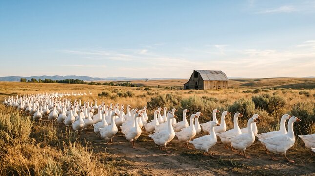 Flock of white geese walking across a rural prairie field near an old wooden barn.