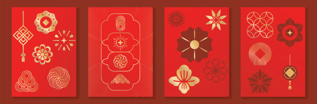Chinese New Year vector ornament collection. Red and gold traditional Asian geometric symbols, floral motifs and decorative frames for festive design