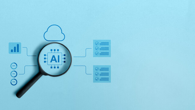 Magnifying glass focusing on an AI chip icon connected to cloud, chart, and checklist graphics, representing artificial intelligence audit and data analysis. Concept of Search Engine Optimization