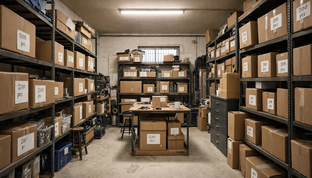 Cardboard boxes stacked on metal shelves in a cluttered warehouse