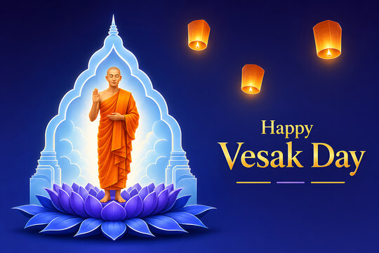 Happy Vesak Day Banner With Buddha Standing on Blue Lotus and Glowing Lanterns