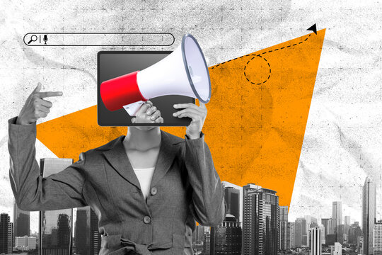 Conceptual business collage featuring a female with a tablet head holding a megaphone, symbolizing digital marketing, SEO search, and corporate growth. Concept of Search Engine Optimization