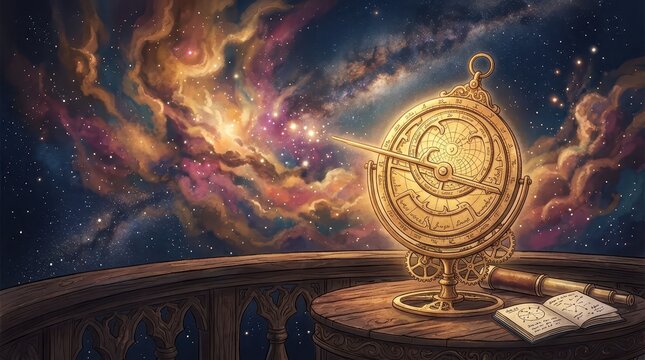 Antique Brass Astrolabe on Wooden Table with Cosmic Nebula Background