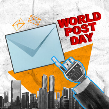 World Post Day creative collage featuring a robotic hand pointing to a blue envelope against a city skyline and orange background. Concept of World Post Day