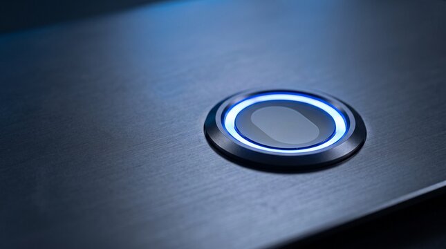 Biometric fingerprint scanner button with glowing blue light on a dark metallic surface.