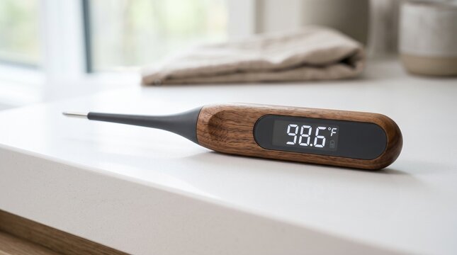 Digital thermometer showing normal body temperature on a clean white surface