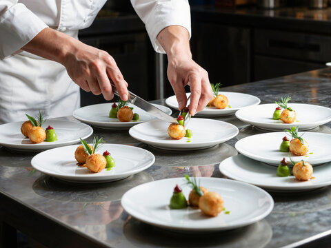 Chef plating gourmet appetizers on stainless steel counter