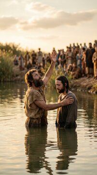 Solemn water rite: holy baptism, Jesus Christ, divine savior, Saint John, spiritual cleansing, Jordan stream, heavenly grace, prophetic blessing, devout believer, sacred ritual.