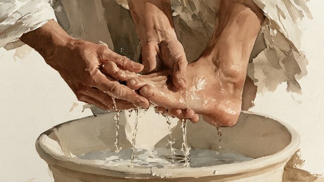 Jesus Washing a Disciple's Foot, Dramatic Watercolor of Hands and Bare Feet in Sacred Act