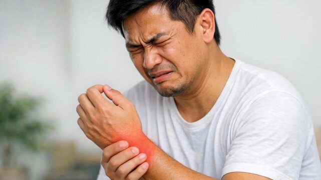Asian Man Experiencing Elbow Pain and Inflammation