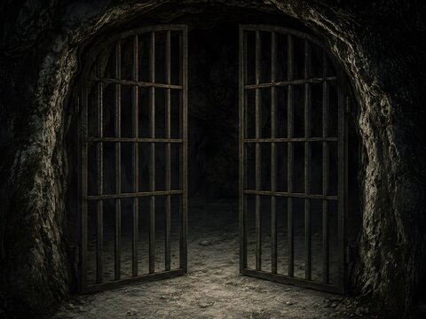 Open Iron Prison Gate Inside Dark Cave Dungeon Tunnel