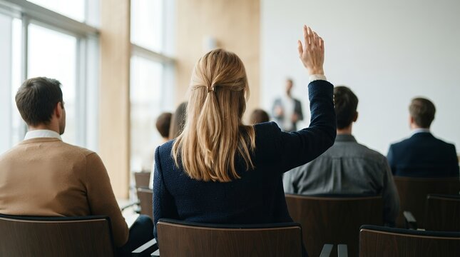 Professional woman raising hand at business seminar, audience participating in corporate conference, student asking question during lecture