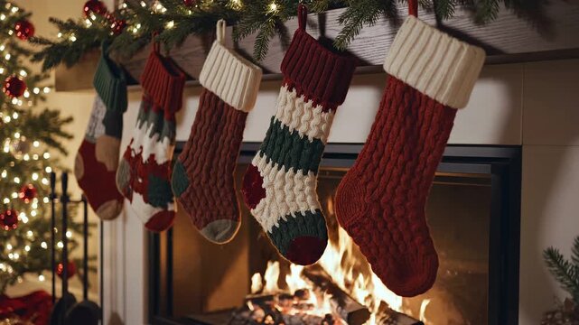 Cozy christmas fireplace with five colorful knitted stockings hanging on mantelpiece during holiday season while fire flickers providing warm light.