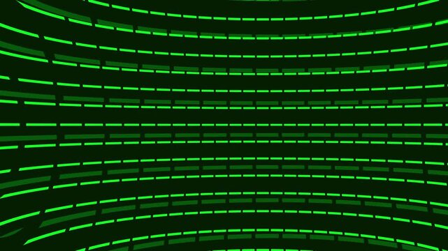 Abstract green lines animation flows with dynamic curved dash marks. Fluid digital graphics blend smoothly across the green lines. Modern ambient motion animates these abstract green lines.