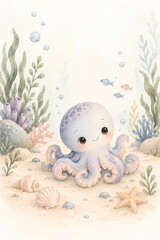 Obraz premium Cute Baby Octopus Watercolor Nursery Illustration Underwater