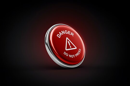 Hyperrealistic 3D Red Danger Button with Metallic Frame and Silver Typography on Dark Background