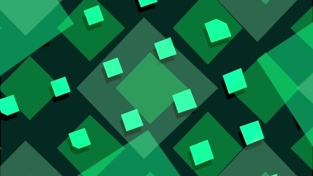 Overlapping green squares animation forms an abstract cube pattern. Modern digital matrix geometry moves along the green squares. High tech visual depth defines these layered green squares.