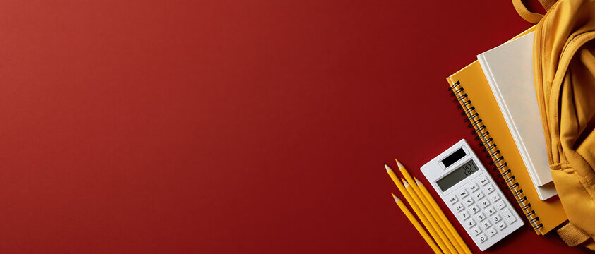 Vibrant backtoschool concept with yellow notebooks, calculator, pencils, and backpack arranged on a rich red surface. Wide banner format with generous copy space for seasonal campaigns.